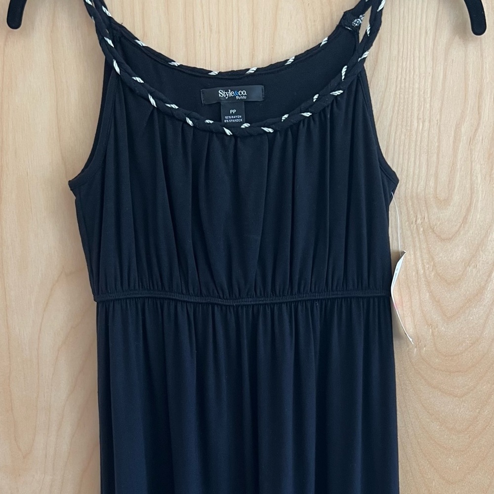 STYLE & CO PETITE BLACK MIDI BRAIDED SPAGHETTI STRAP DRESS